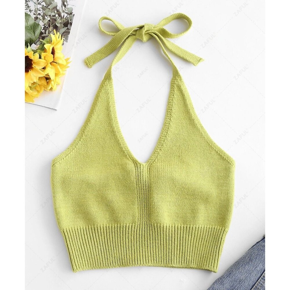 ZAFUL Lime Green Halter Style Sleeveless Crop Length Sweater NWT Size Large